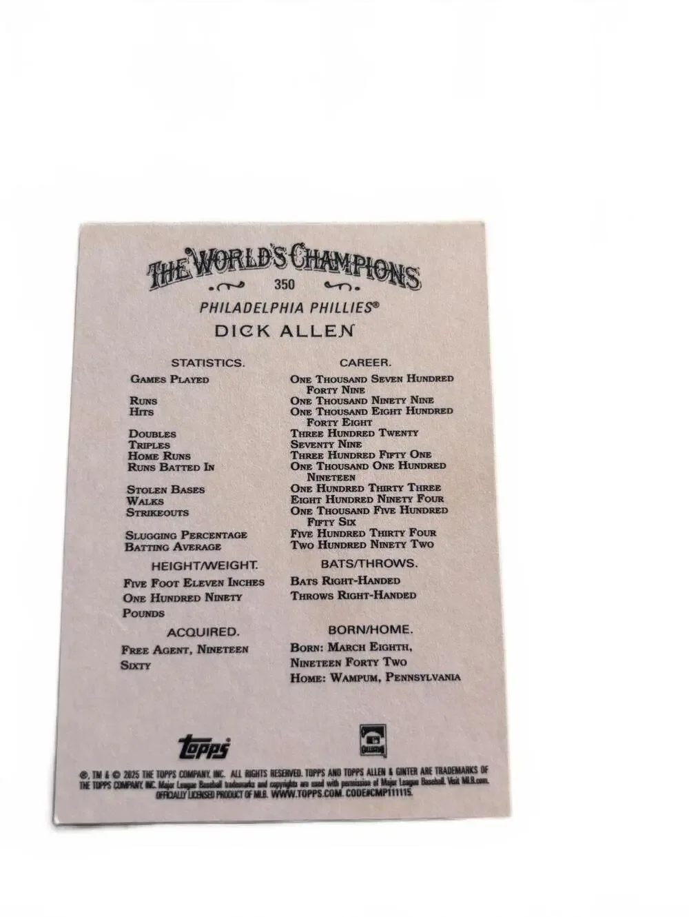 2023 Topps Allen & Ginter Dick Allen Philadelphia Phillies #